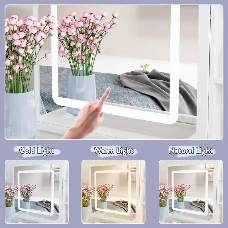 Coiffeuse blanche avec éclairage d'appoint en cristal, miroir coulissant et plateau en verre