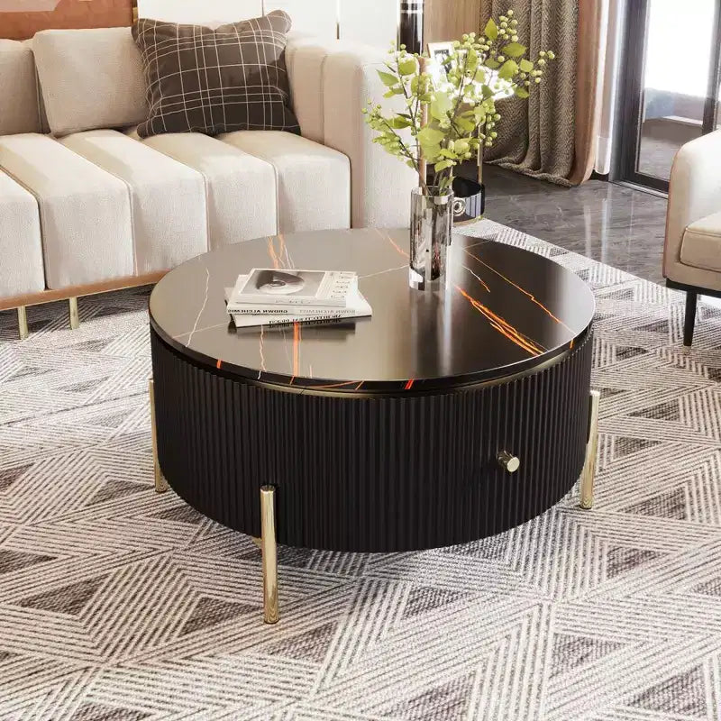 Table basse ronde moderne de 80 cm avec plateau à motif marbre et 2 tiroirs