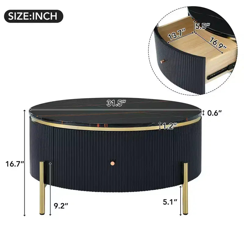 Table basse ronde moderne de 80 cm avec plateau à motif marbre et 2 tiroirs