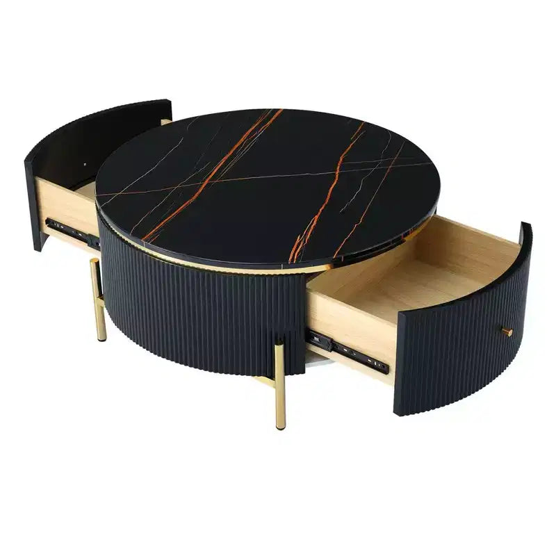 Table basse ronde moderne de 80 cm avec plateau à motif marbre et 2 tiroirs