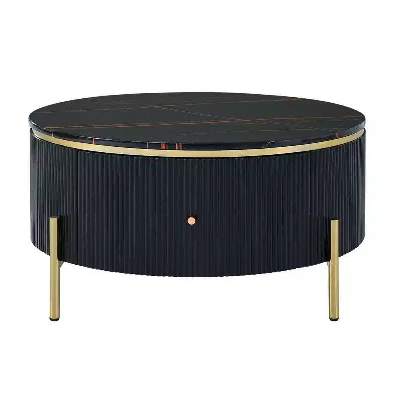 Table basse ronde moderne de 80 cm avec plateau à motif marbre et 2 tiroirs