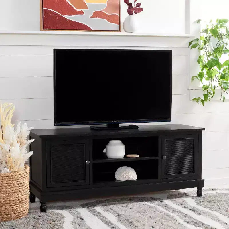 2-Door 1-Shelf Media Stand – Black MDF and Pine