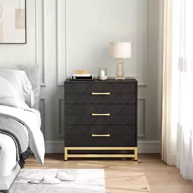 Commode en bois à 3 tiroirs avec poignées dorées – Table de chevet moderne