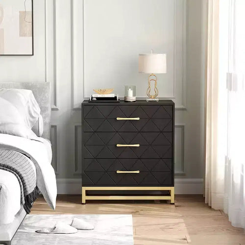 Commode en bois à 3 tiroirs avec poignées dorées – Table de chevet moderne