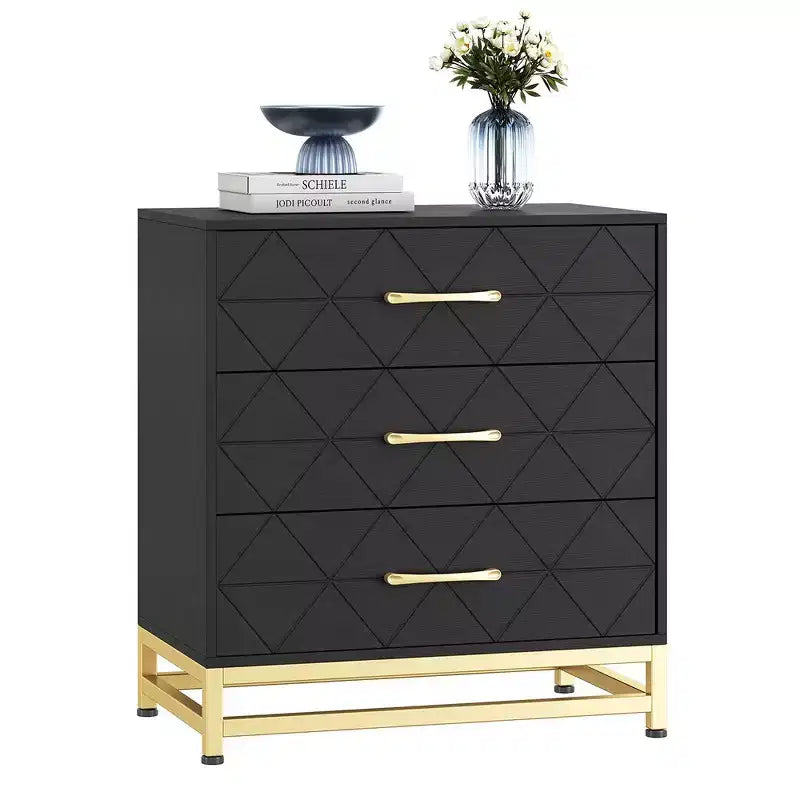 Commode en bois à 3 tiroirs avec poignées dorées – Table de chevet moderne