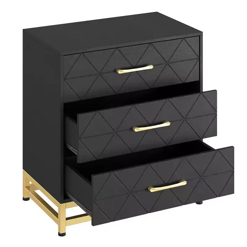 Commode en bois à 3 tiroirs avec poignées dorées – Table de chevet moderne