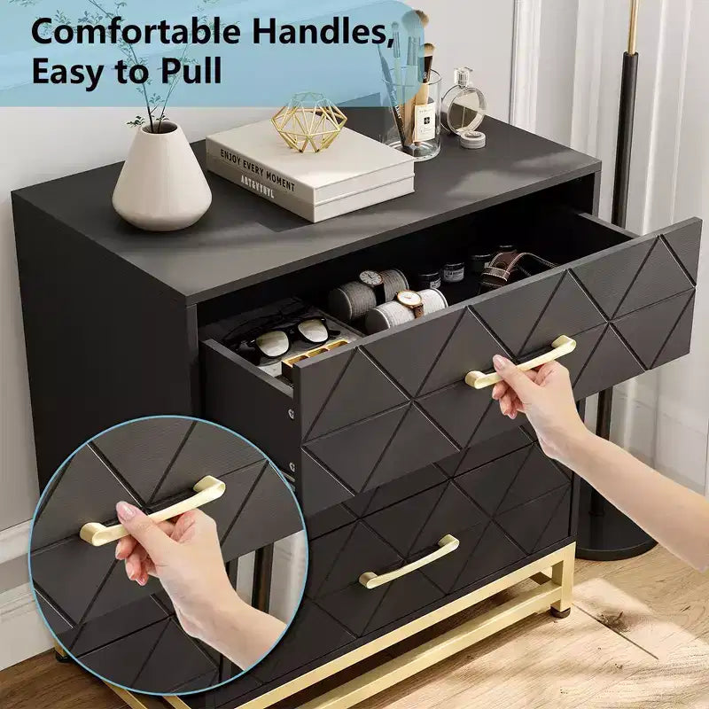 Commode en bois à 3 tiroirs avec poignées dorées – Table de chevet moderne