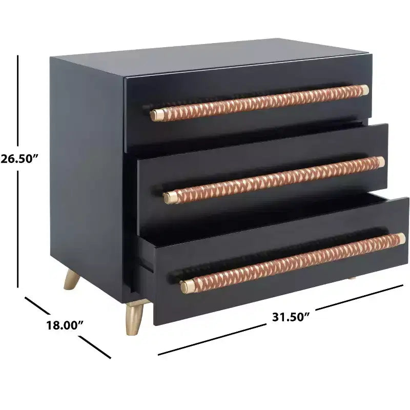 Commode à 3 tiroirs noire et or avec pieds fuselés