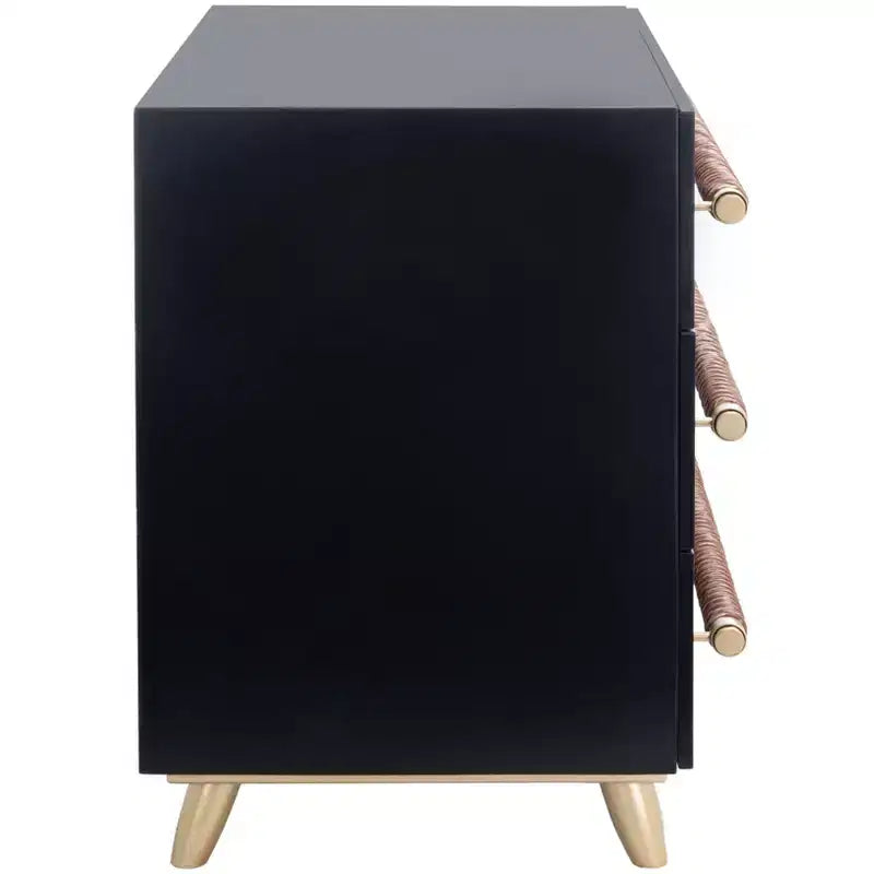 Commode à 3 tiroirs noire et or avec pieds fuselés