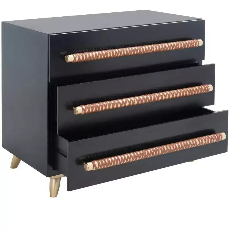 Commode à 3 tiroirs noire et or avec pieds fuselés