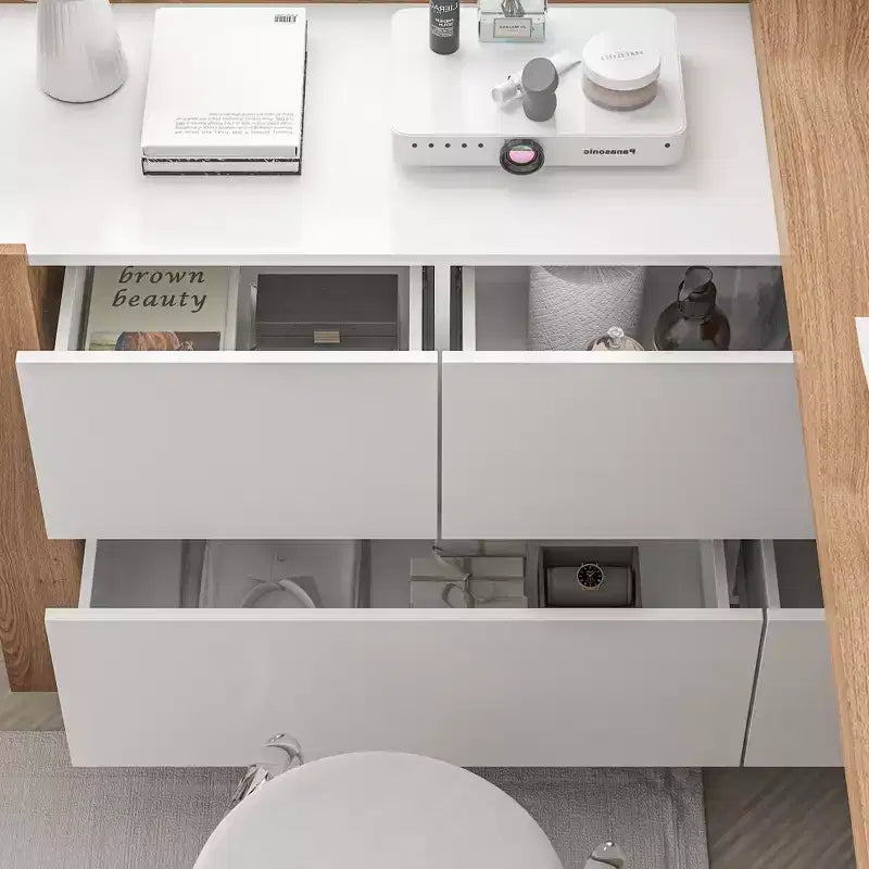 Coiffeuse rotative et extensible avec tiroirs de rangement – Marron et Blanc