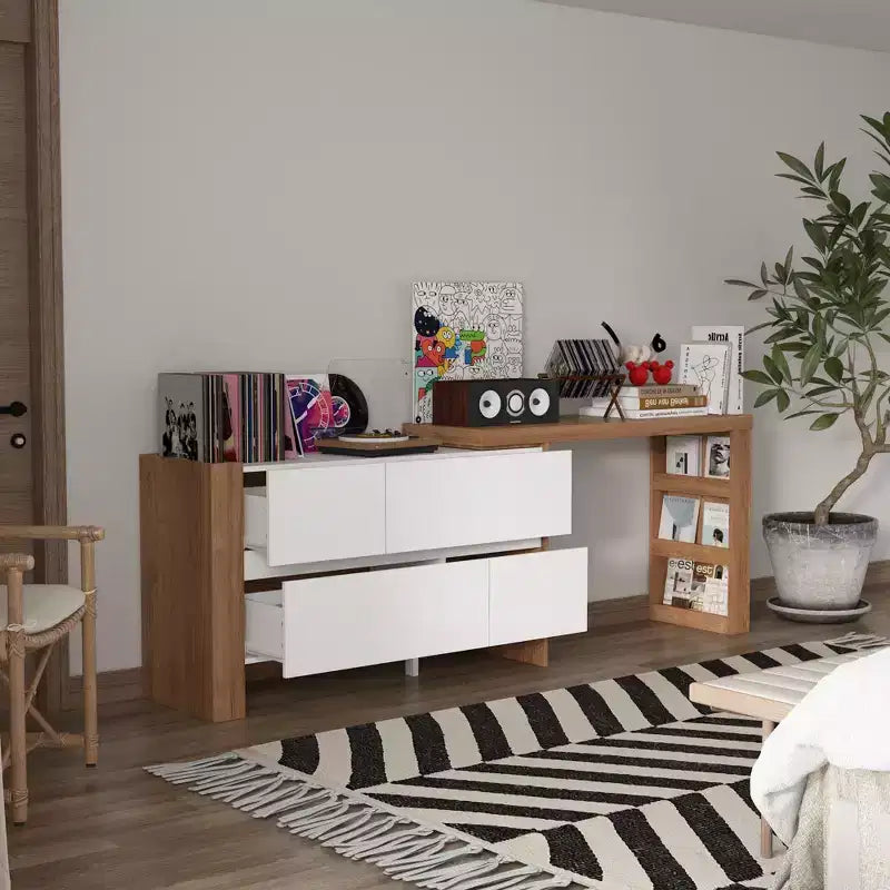 Coiffeuse rotative et extensible avec tiroirs de rangement – Marron et Blanc