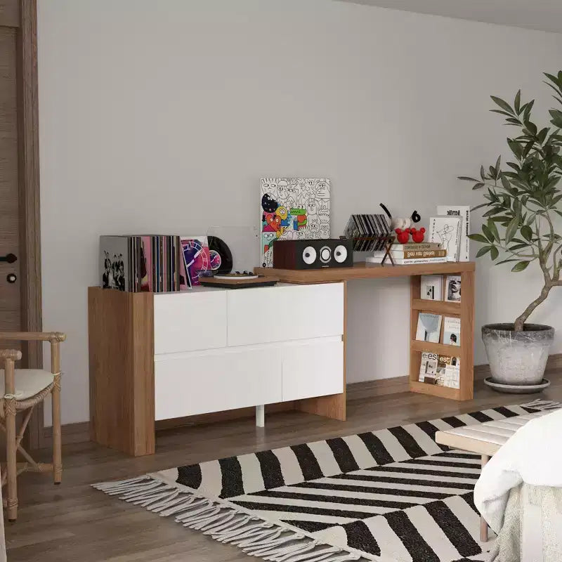 Coiffeuse rotative et extensible avec tiroirs de rangement – Marron et Blanc