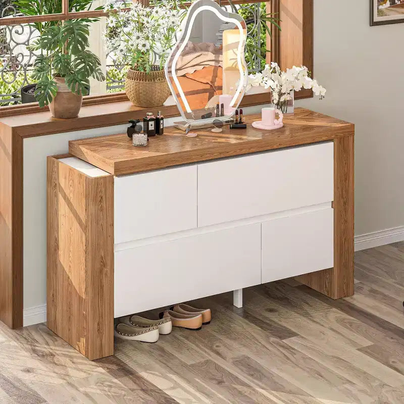 Coiffeuse rotative et extensible avec tiroirs de rangement – Marron et Blanc