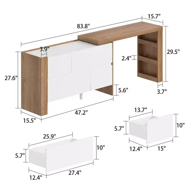 Coiffeuse rotative et extensible avec tiroirs de rangement – Marron et Blanc