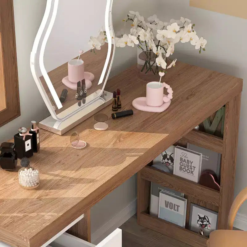 Coiffeuse rotative et extensible avec tiroirs de rangement – Marron et Blanc