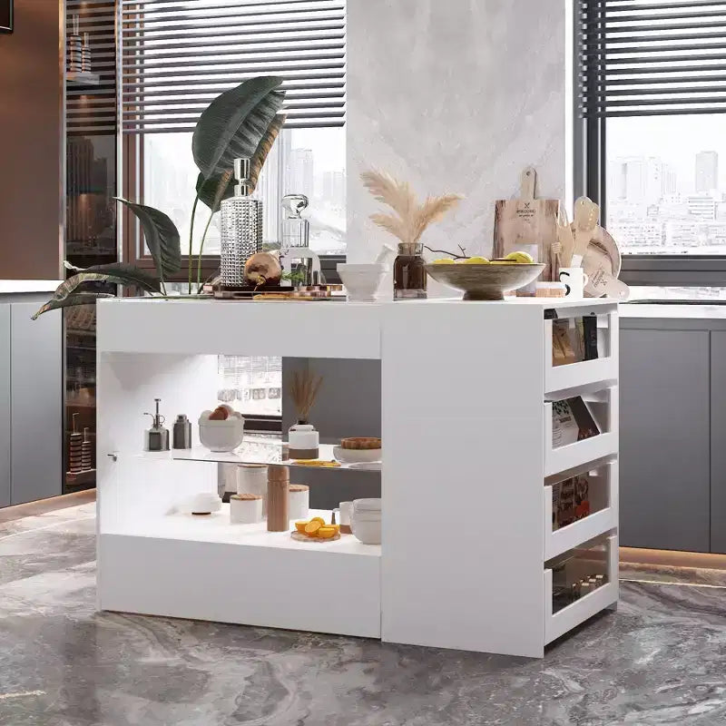 Îlot de cuisine blanc avec 8 tiroirs, étagères de rangement et plateau en verre