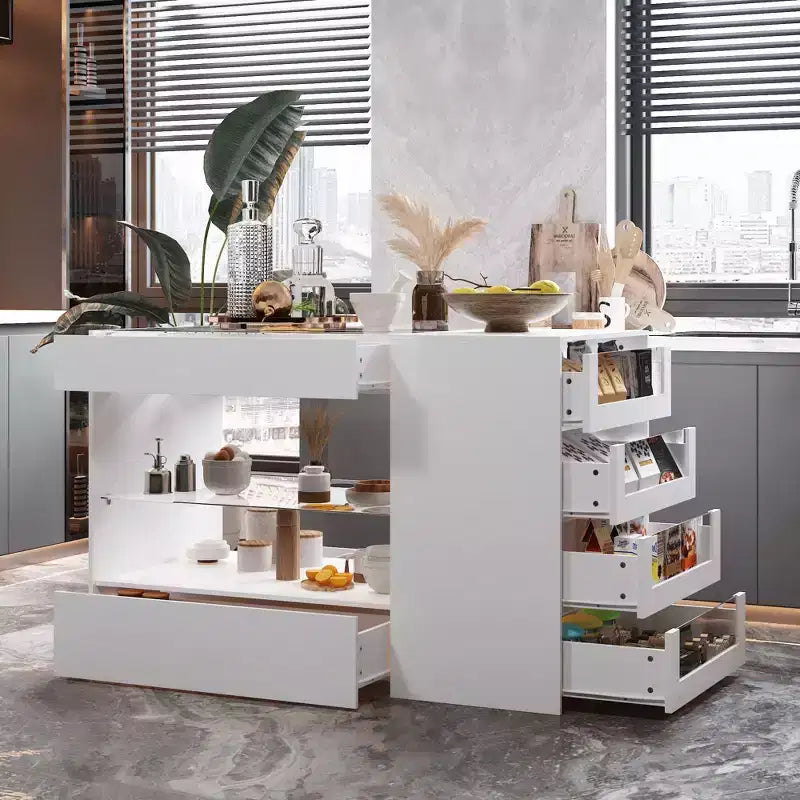 Îlot de cuisine blanc avec 8 tiroirs, étagères de rangement et plateau en verre