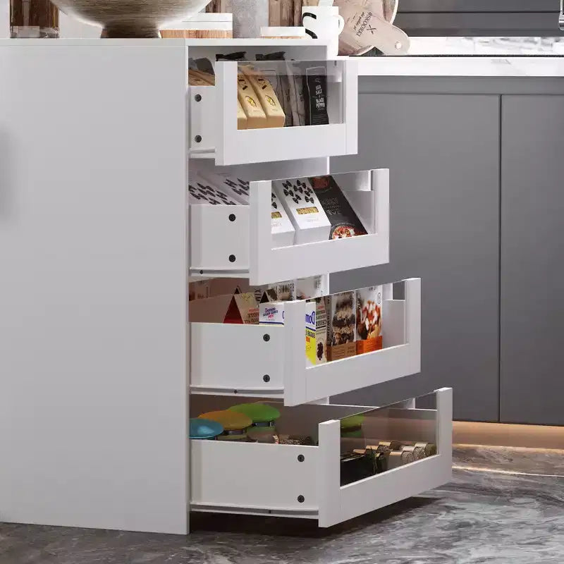 Îlot de cuisine blanc avec 8 tiroirs, étagères de rangement et plateau en verre