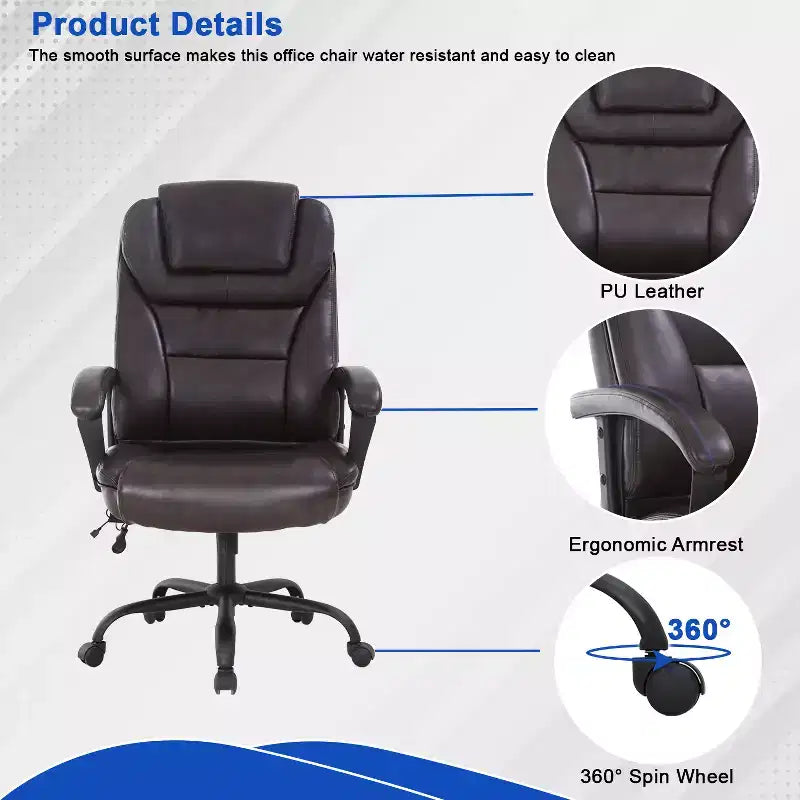 Fauteuil de bureau exécutif grande taille avec soutien lombaire, assise large, hauteur réglable et pivotant