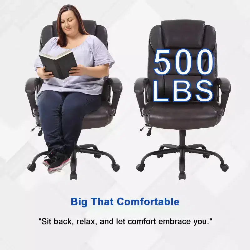 Fauteuil de bureau exécutif grande taille avec soutien lombaire, assise large, hauteur réglable et pivotant