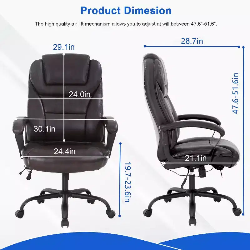 Fauteuil de bureau exécutif grande taille avec soutien lombaire, assise large, hauteur réglable et pivotant