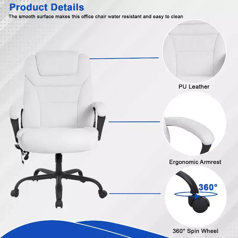 Fauteuil de bureau exécutif grande taille avec soutien lombaire, assise large, hauteur réglable et pivotant
