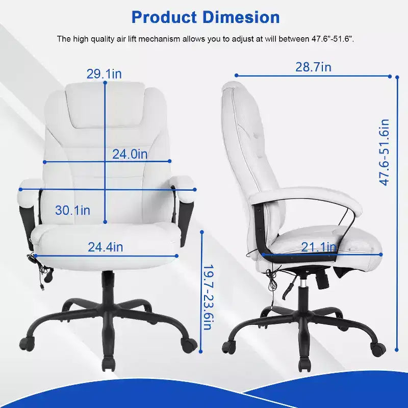 Fauteuil de bureau exécutif grande taille avec soutien lombaire, assise large, hauteur réglable et pivotant