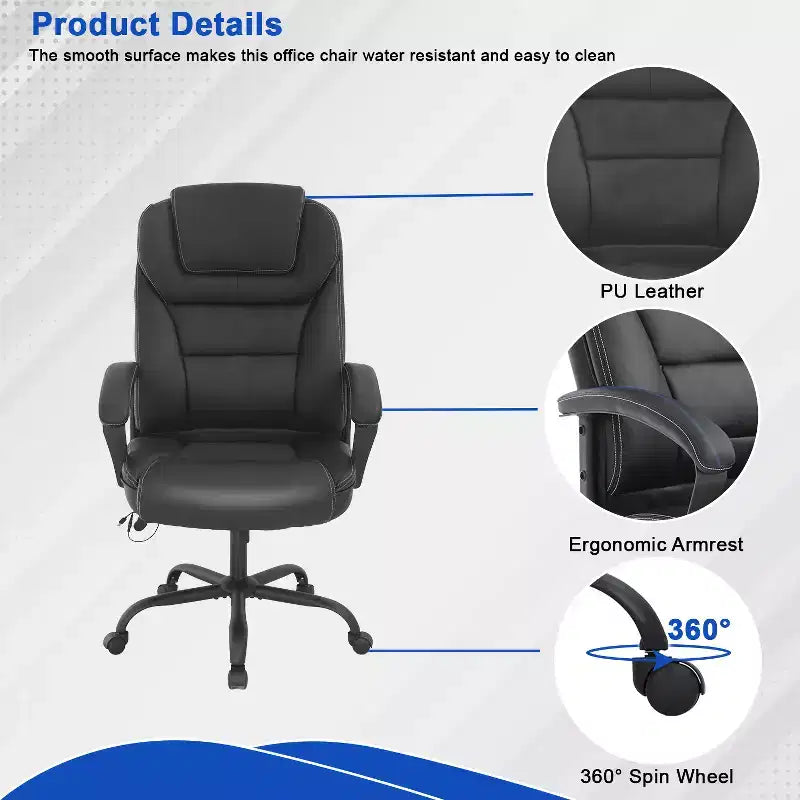 Fauteuil de bureau exécutif grande taille avec soutien lombaire, assise large, hauteur réglable et pivotant