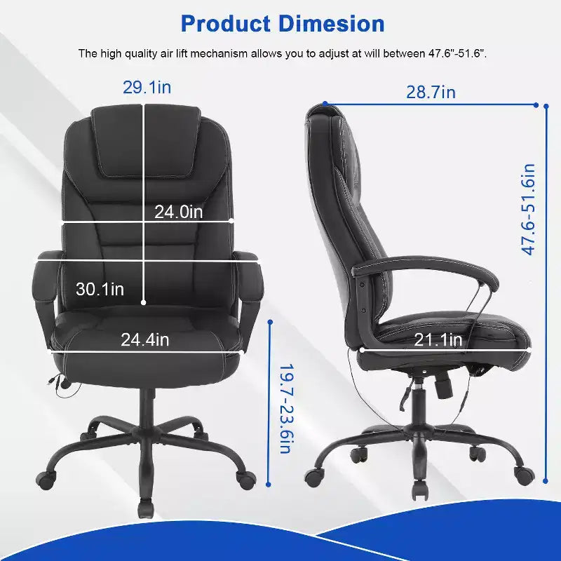 Fauteuil de bureau exécutif grande taille avec soutien lombaire, assise large, hauteur réglable et pivotant